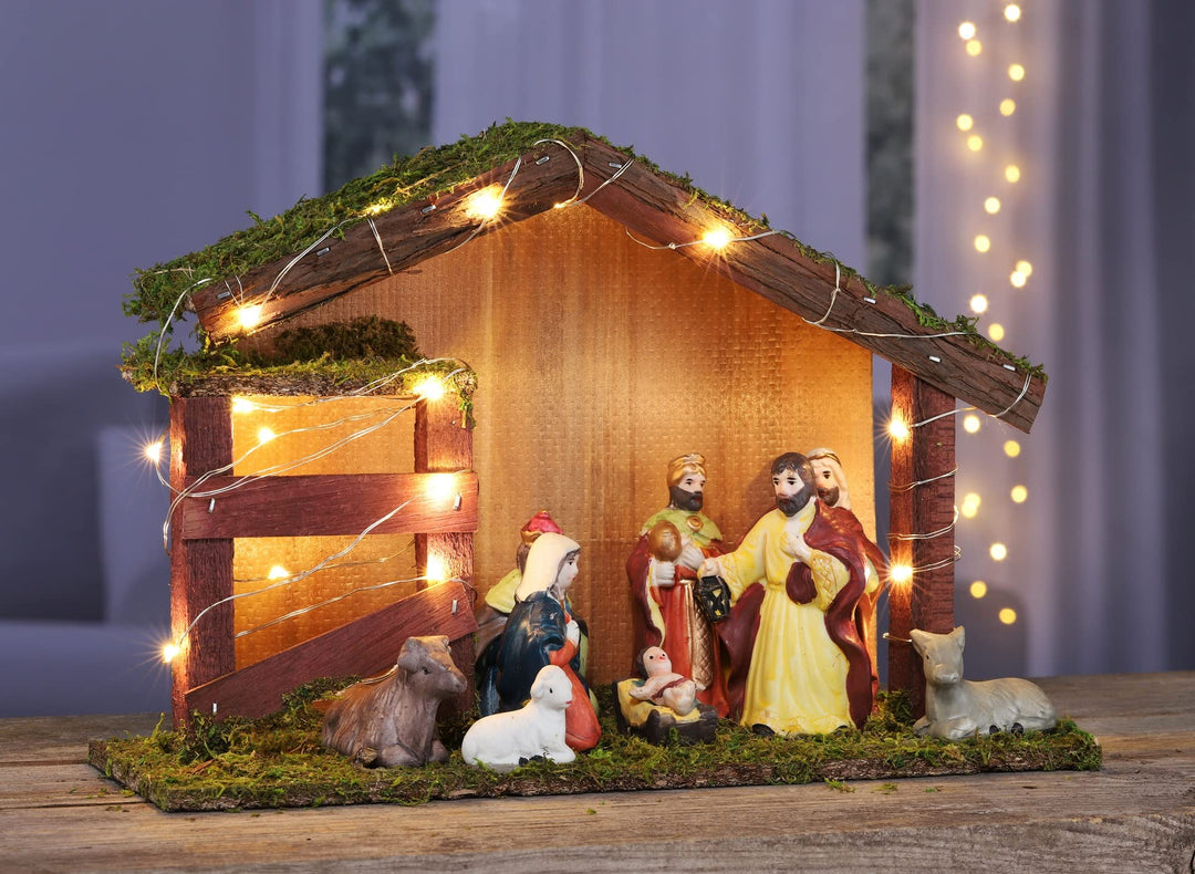 LED Weihnachtskrippe Holz Krippenstall beleuchtet Figuren Krippenfiguren Deko
