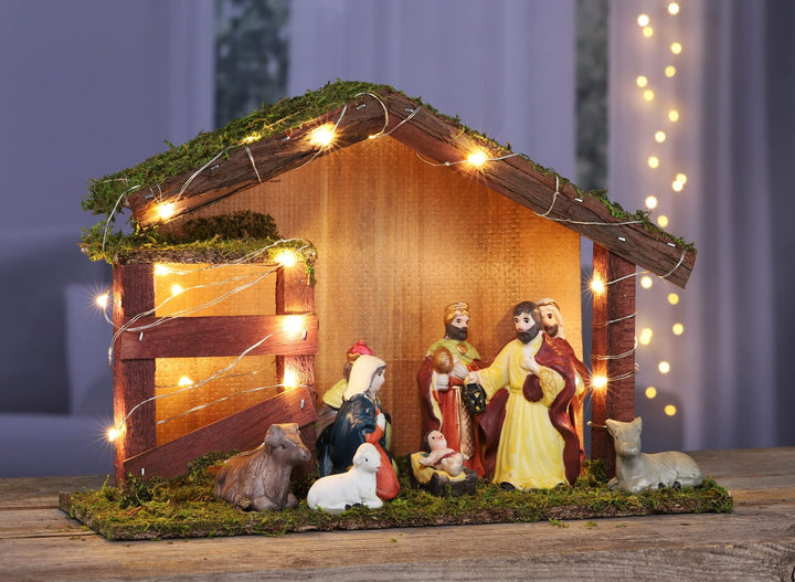 LED Weihnachtskrippe Holz Krippenstall beleuchtet Figuren Krippenfiguren Deko