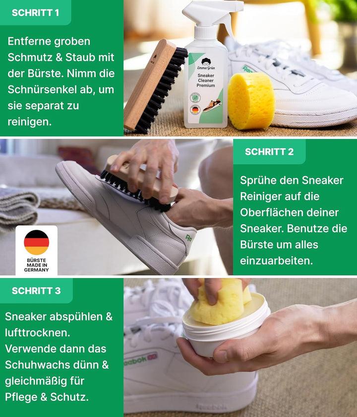 Emma Grün® Sneaker Cleaner Reinigungsset 250ml [Bürste + Schwamm + Pflegewachs] - Nachhaltiges Kompl