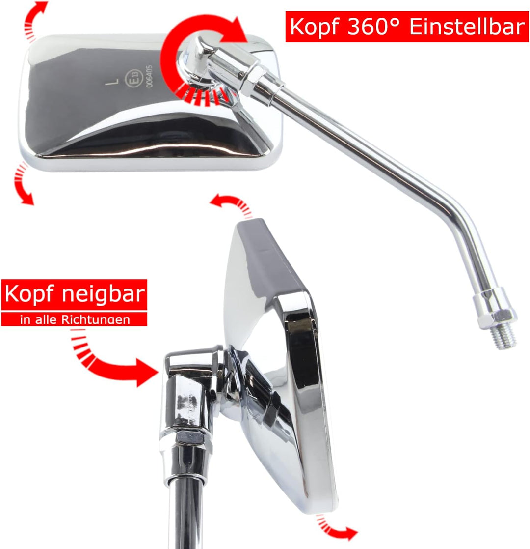 Area1 Universal Motorrad Rückspiegel Paar e-geprüft 2xM10 Rechtsgewinde + 5Adapter, Spiegel kompatib