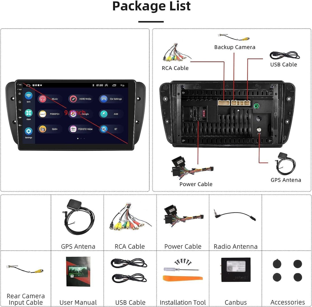 Podofo Carplay Autoradio für Seat Ibiza 2009-2013, Android 2G+32G HiFi, 9" Touchscreen Android Auto