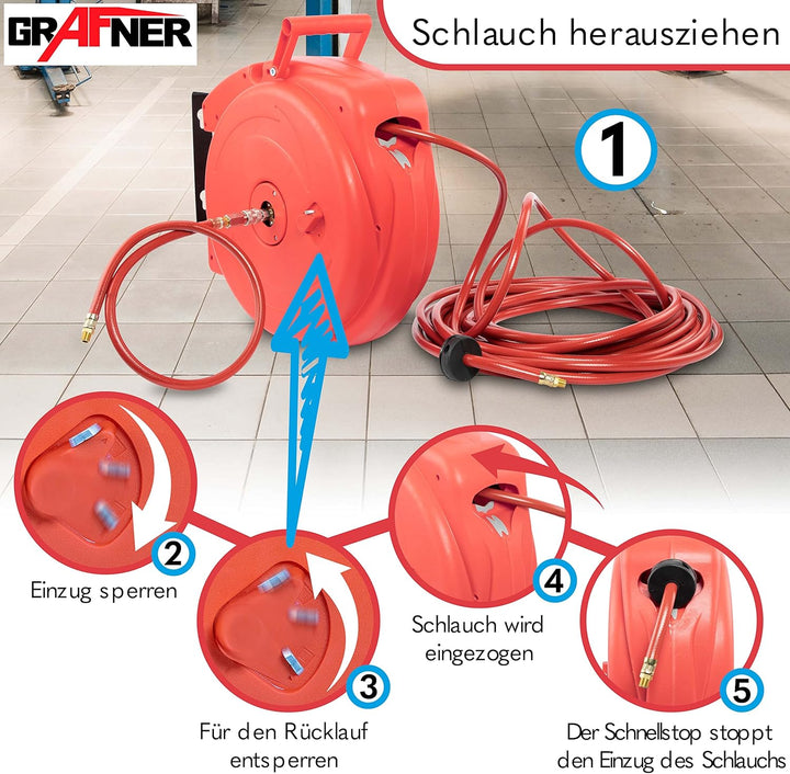 Grafner 20m Druckluftschlauch Aufroller automatisch, 1/4" Anschluss, incl. 180° schwenkbarem Wandsch