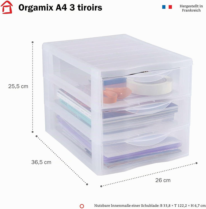 SUNDIS Orgamix, 2er-set schubladenboxen aus Kunststoff, 3 transparente Schubladen für A4-Papier, Höh