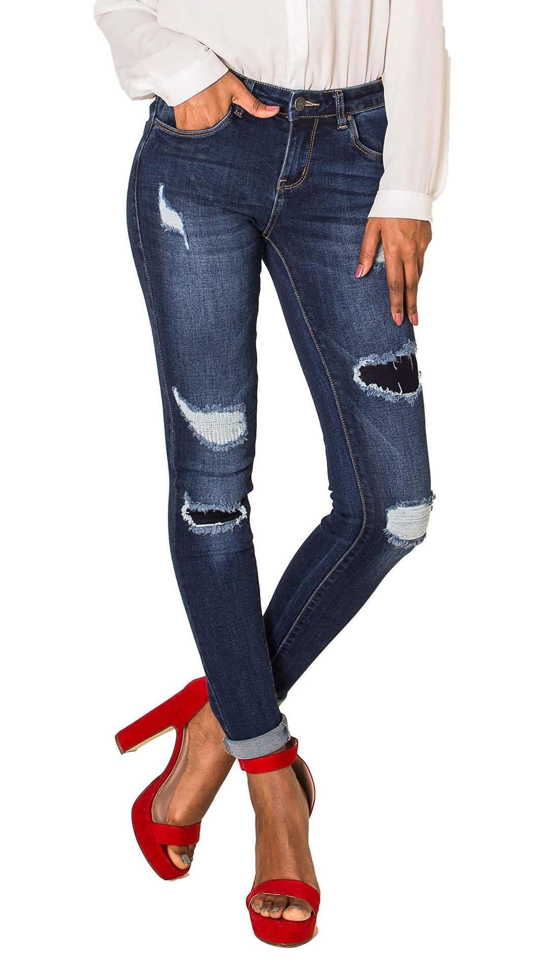 Nina Carter P100 Damen Skinny Fit Low Waist Jeanshosen mit Destroyed-Effekten Used-Look Jeans Waschu