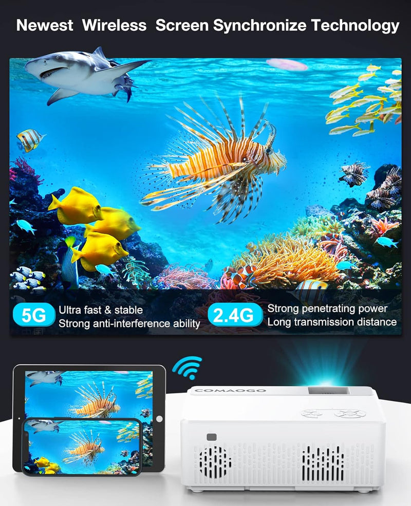 Beamer WiFi 5G Bluetooth 5.1, GOMAOGO Mini Beamer 9500 Lumen, 1080P 220" Display Mirroring Film Trag