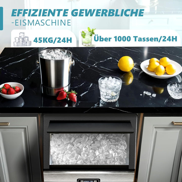 EUHOMY Gewerbliche Eiswürfelmaschine, 45 kg/24 Std. Edelstahl Untertisch-Eismaschine mit 15 kg Eisla