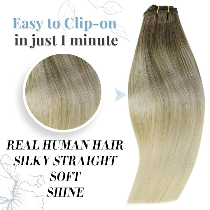 RUNATURE Echthaar Extensions Clip Balayage Braun Blond Clip in Extensions Echthaar 40cm Glatt Haarve