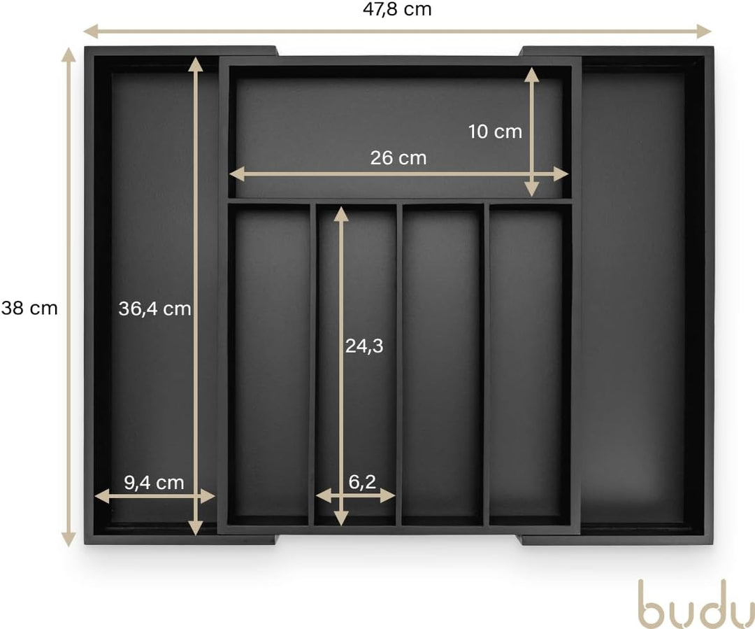 budu Besteckkasten #38 (Tiefe 38cm) aus Bambus - Schwarz - Schubladen Ordnungssystem für die Küche -