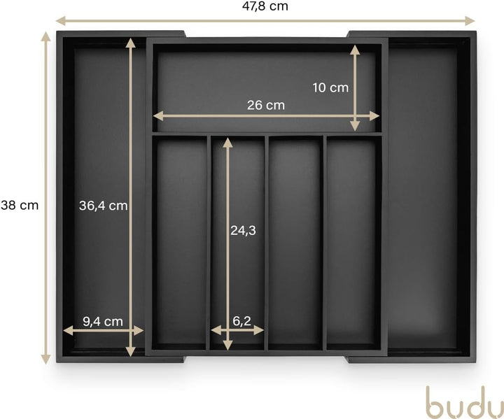budu Besteckkasten #38 (Tiefe 38cm) aus Bambus - Schwarz - Schubladen Ordnungssystem für die Küche -
