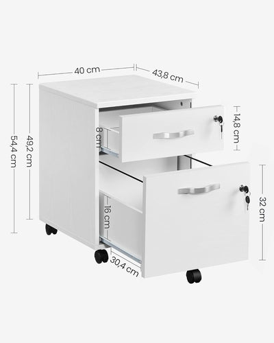 VASAGLE Rollcontainer, abschliessbar, Aktenschrank mit 2 Schubladen, 5 Rollen und Verstellbarer Häng