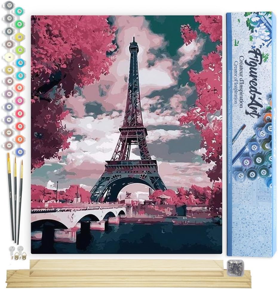 Figured'Art Malen Nach Zahlen Erwachsene Mit Rahmen Eiffelturm im Frühjahr - Paint by Numbers Bastel