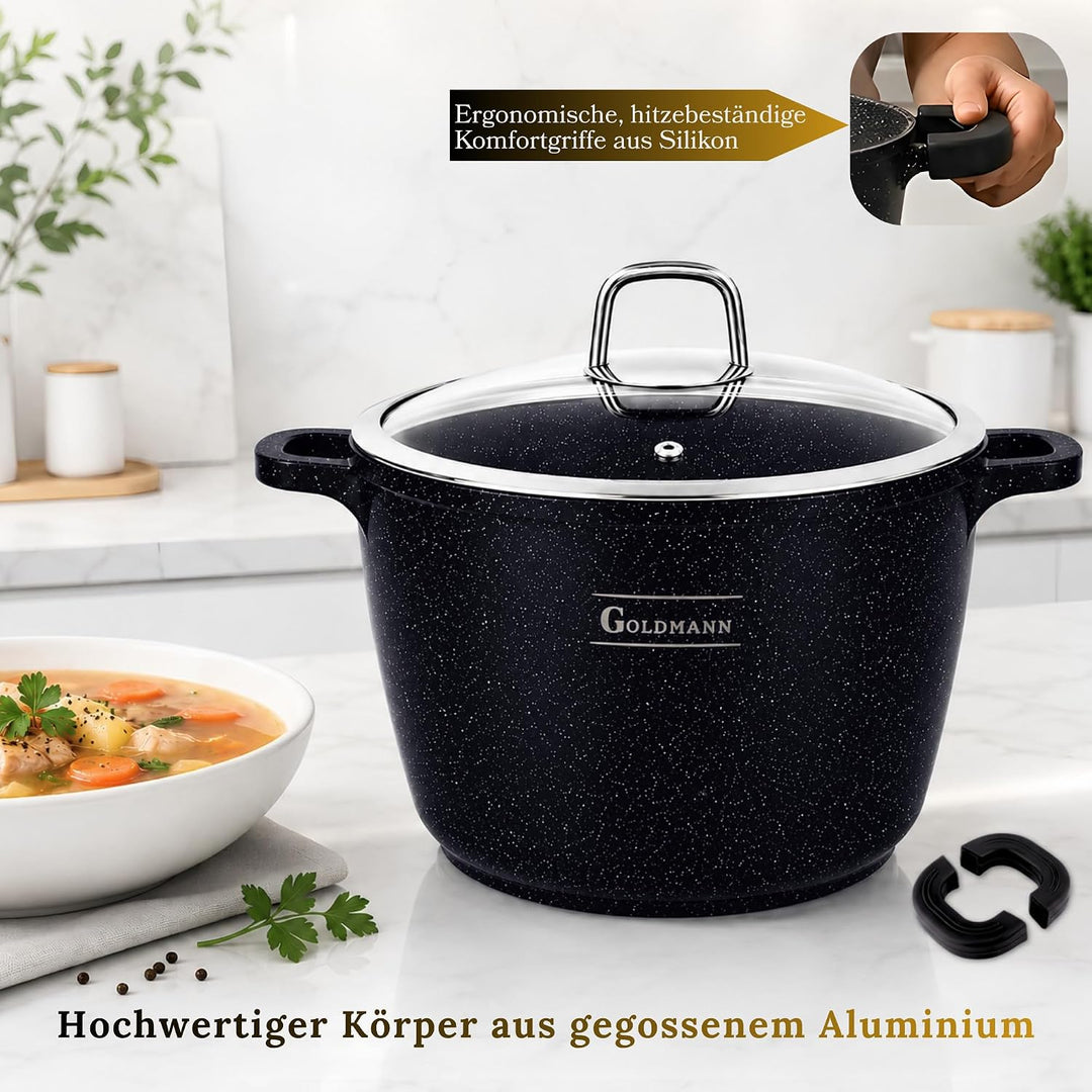 GOLDMANN 24 CM Aluguss-Kochtopf/Suppentopf (6.2L) mit Glasdeckel, Marmor-Keramik-Antihaftbeschichtun