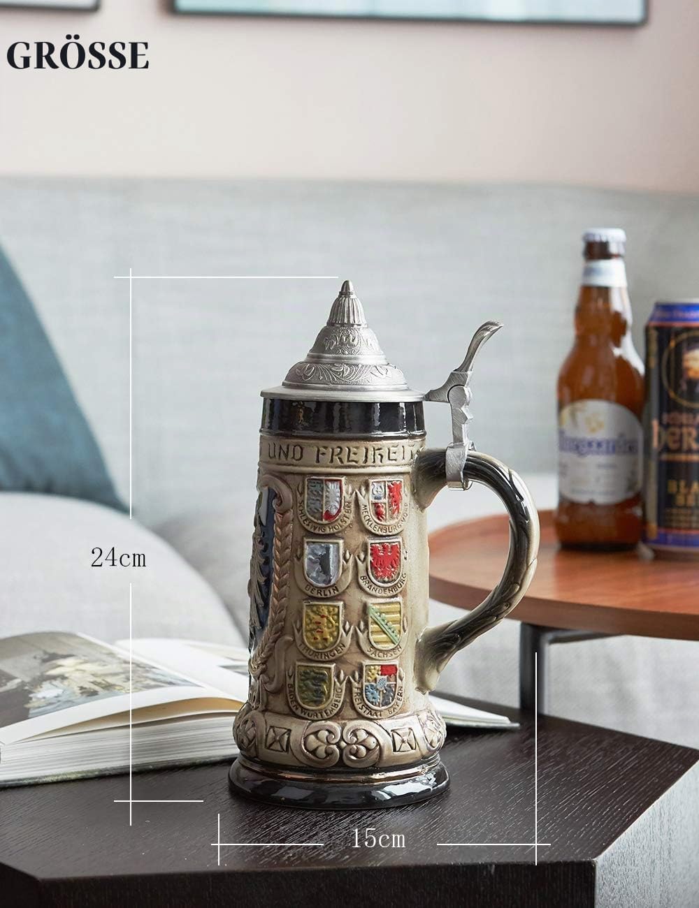 Amoy-Art Bierkrug mit Deckel Steinkrug Bierseidel Deutsch Schild Beer Stein Keramik Mug Geschenk 0.9