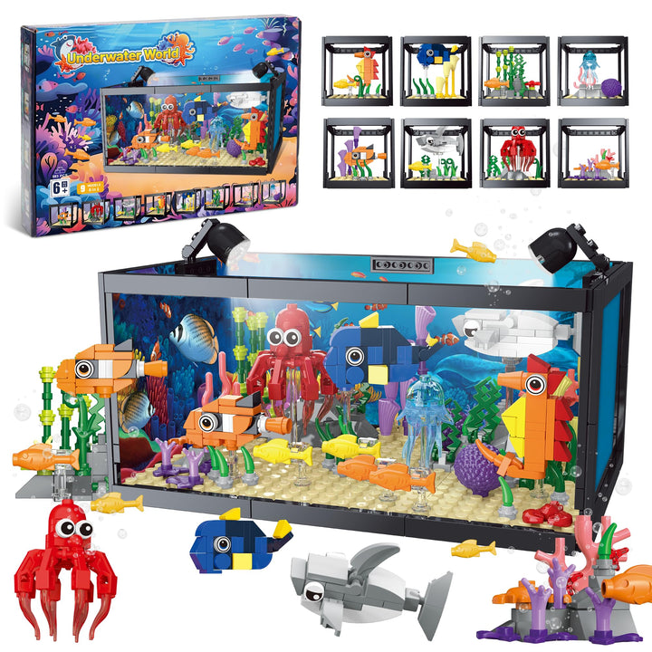 8-in-1 Aquarium-Baustein, Meeresaquarium-Baustein mit LED-Licht, einschliesslich Meeresquallen, Fisc