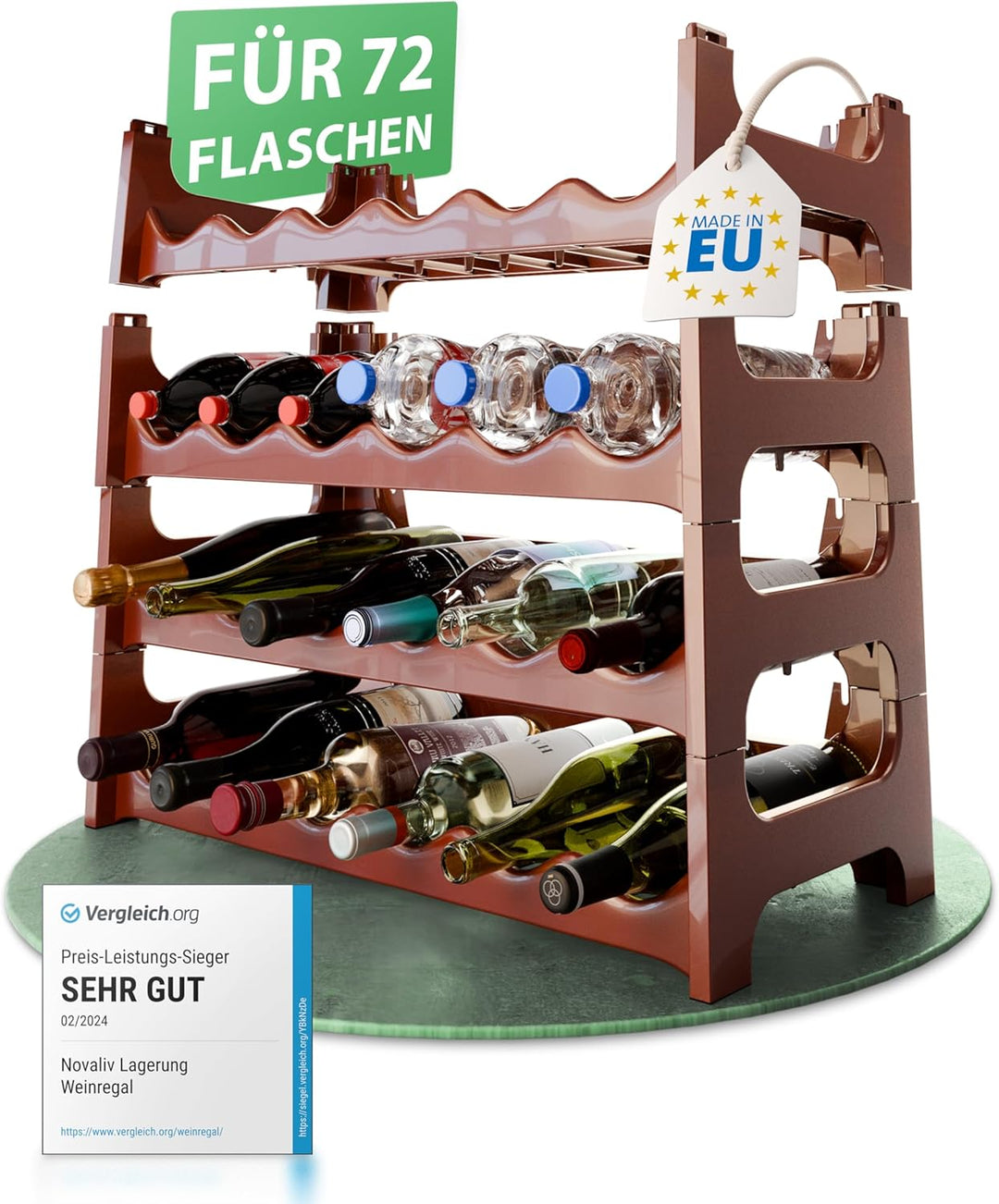 Novaliv Flaschenregal für 72 Flaschen | Weinregal braun | Regal aus stabilem Kunststoff, stapelbar (
