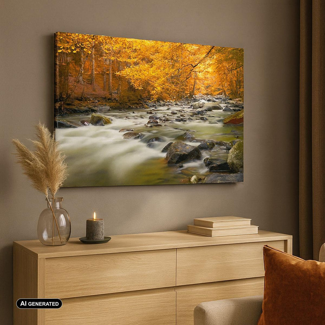 Bilder auf Leinwand 100x70cm Leinwandbild Stream Herbst Forrest Berg Gross Wanddeko Bild Schlafzimme