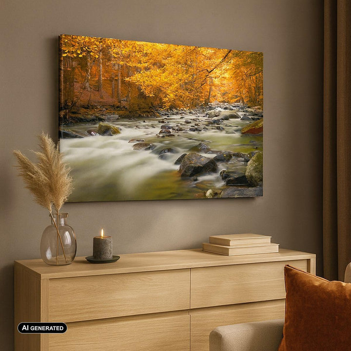 Bilder auf Leinwand 100x70cm Leinwandbild Stream Herbst Forrest Berg Gross Wanddeko Bild Schlafzimme