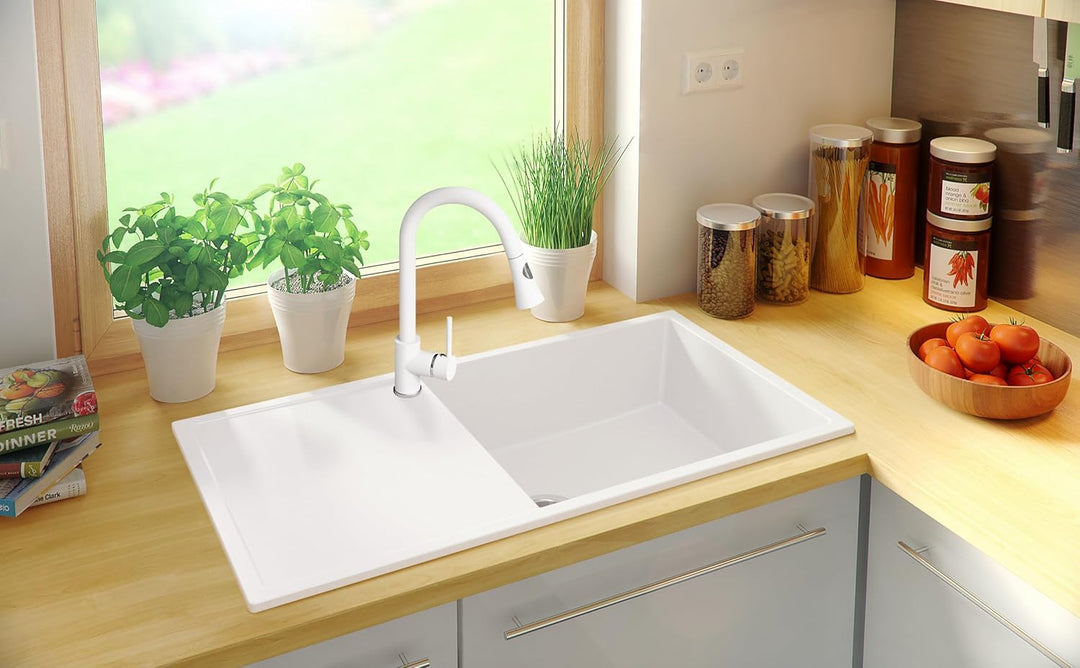 Spülbecken Weiss 90x50 cm, Granitspüle 1 Becken XL + Ablauf-Set, Küchenspüle für 60er Unterschrank,