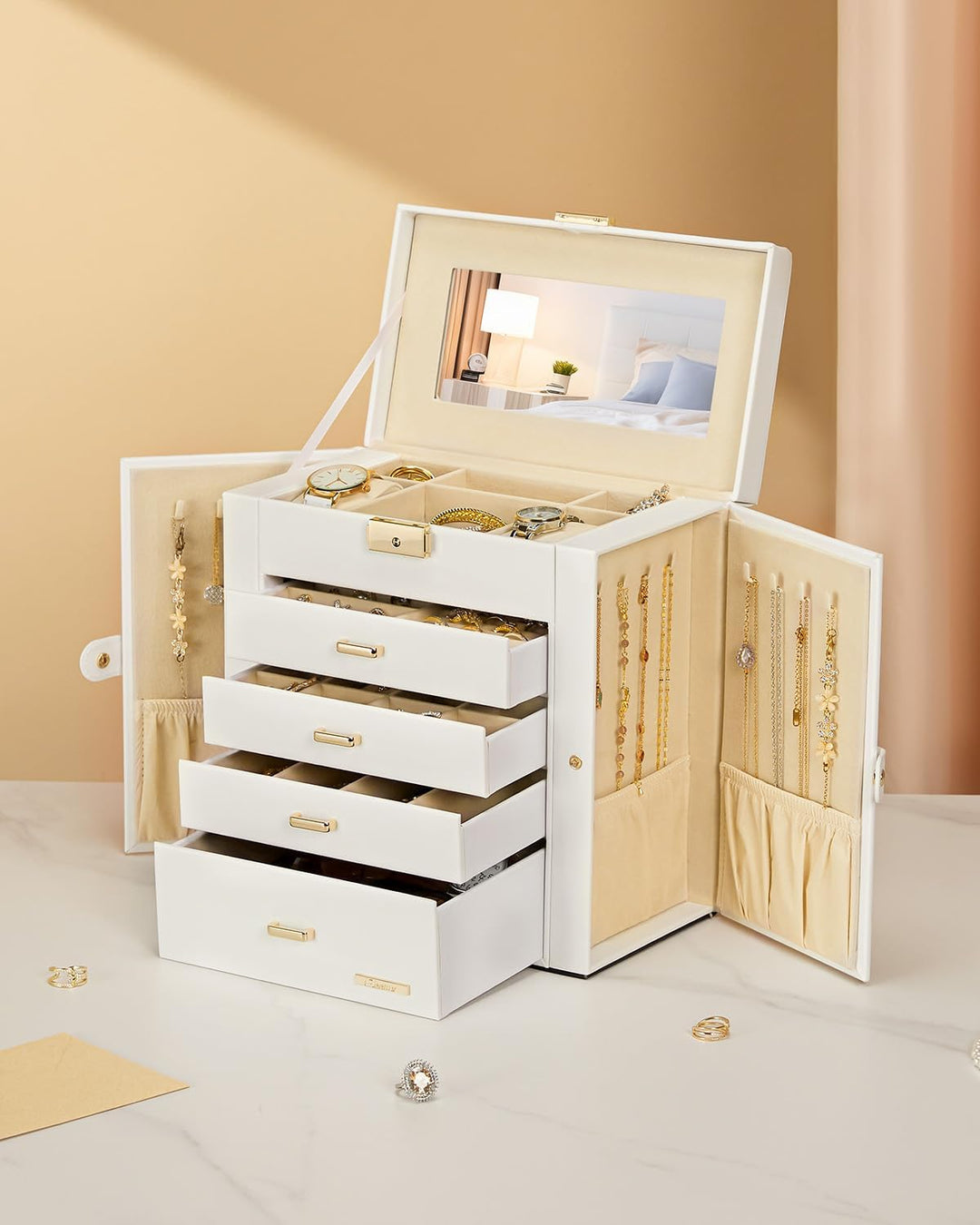 Seelux Schmuckkoffer Schmuckkasten mit fünf Fächern und Seitenklappen Weiss + Gold, Weiss + Gold