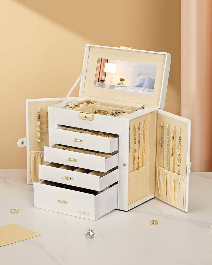 Seelux Schmuckkoffer Schmuckkasten mit fünf Fächern und Seitenklappen Weiss + Gold, Weiss + Gold