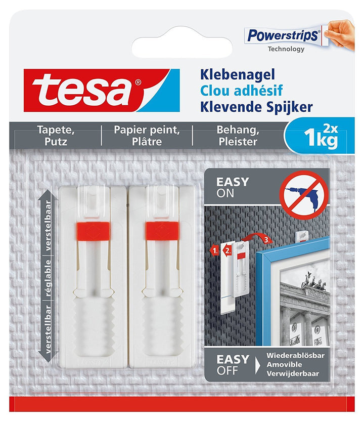 tesa® Verstellbarer Klebenagel für Tapeten und Putz, spurlos wiederablösbar, wiederverwendbar (1 kg