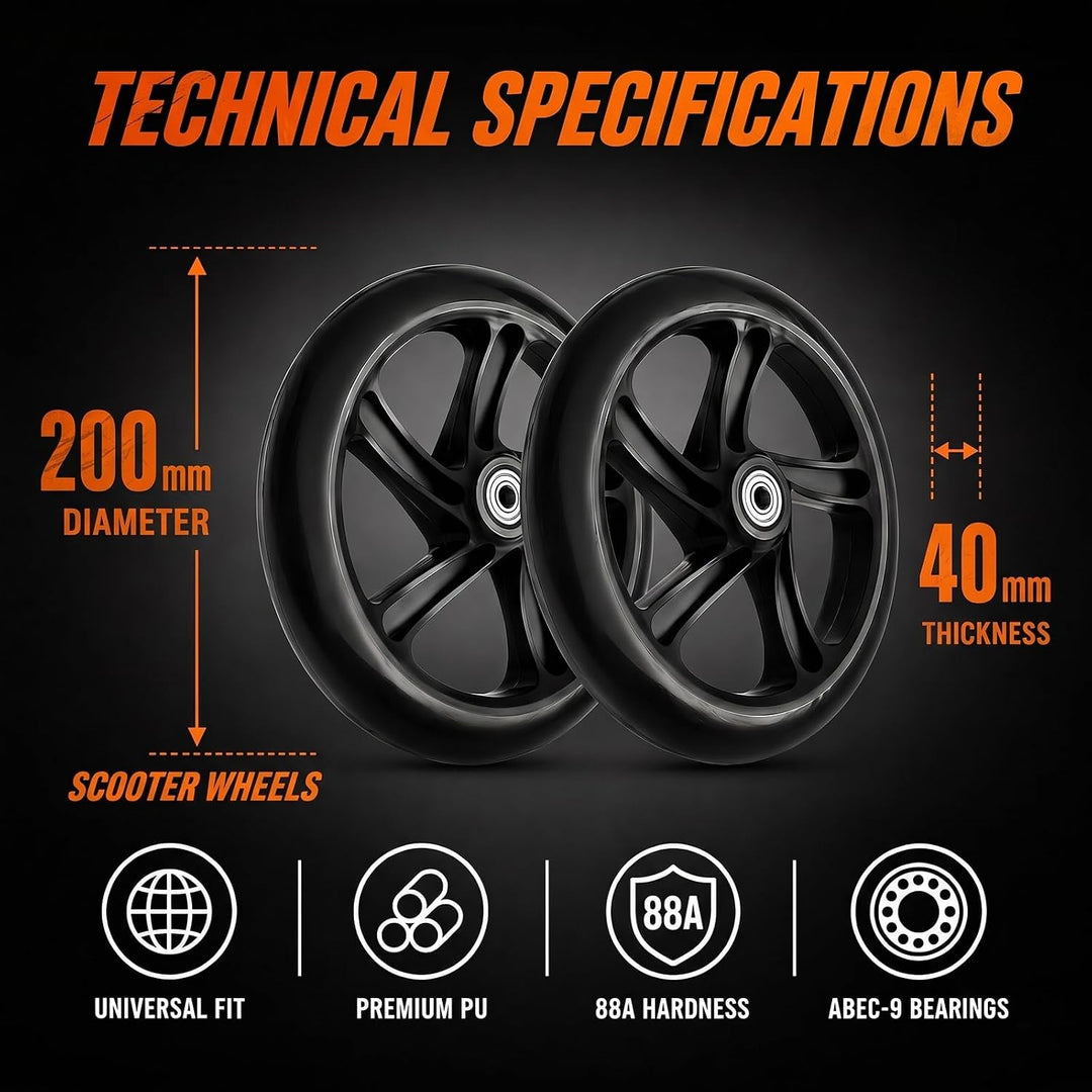 2 Stück 200mm*40mm Scooter Rollen mit ABEC-9 Lager, Anti-Rutsch Roller Räder, Cityroller Reifen Ersa