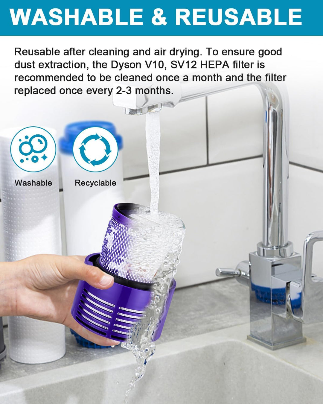 4 Stück Filter for Dyson V10 SV12, Waschbarer Ersatz Filter für Dyson Staubsauger V10 SV12 mit 2 Rei