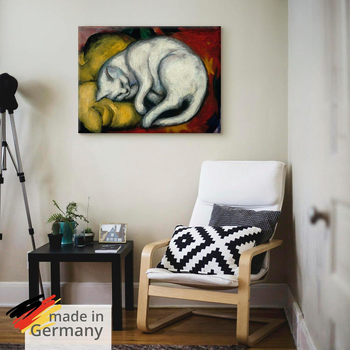 ARTland Leinwandbild Wandbild Bild auf Leinwand 80x60 cm Wanddeko Haustier Katzenbett Die weisse Kat