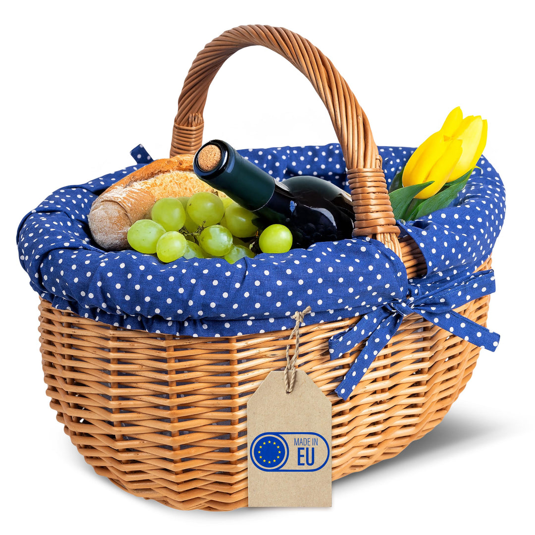 Creative Home Grosser Picknickkorb mit Stoffeinlage blau mit Pünktchen | Weidenkorb mit Henkel | Ein