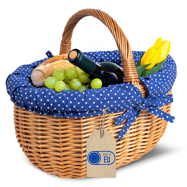 Creative Home Grosser Picknickkorb mit Stoffeinlage blau mit Pünktchen | Weidenkorb mit Henkel | Ein