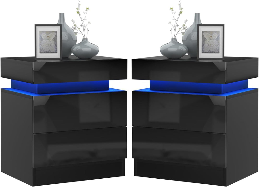 PIPIPOXER 2er Set Nachttisch LED Mit 2 Schubladen, Schwarz Mit LED Licht, 16 Farben, Hochglanz Kommo