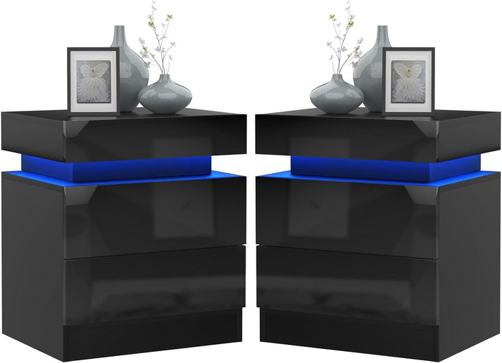 PIPIPOXER 2er Set Nachttisch LED Mit 2 Schubladen, Schwarz Mit LED Licht, 16 Farben, Hochglanz Kommo