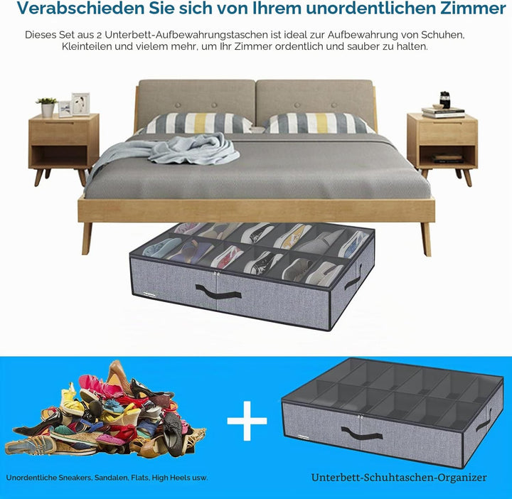 homyfort 2 Stück Unterbett-Kommode für Schuhe mit Durchsichtigem Deckel - Schuhaufbewahrungstasche S