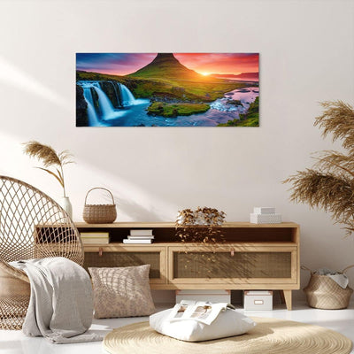 Wandbilder Dekoration Wohnzimmer Sonnenuntergang Wasserfall Island Vulkan Bilder auf Leinwand 120x50