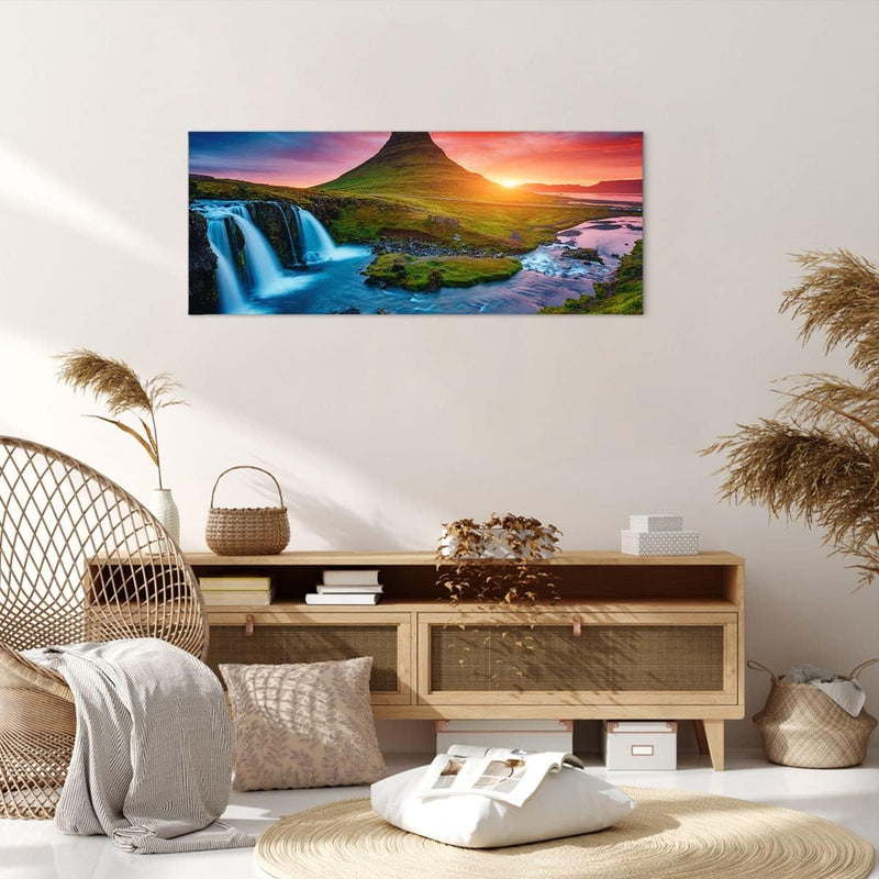 Wandbilder Dekoration Wohnzimmer Sonnenuntergang Wasserfall Island Vulkan Bilder auf Leinwand 120x50