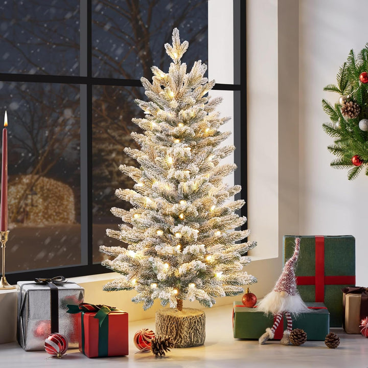 Yaheetech 94 cm Mini Künstlicher Weihnachtsbaum mit Schnee, Eingetopfter Tannenbaum mit 50 LEDs in W