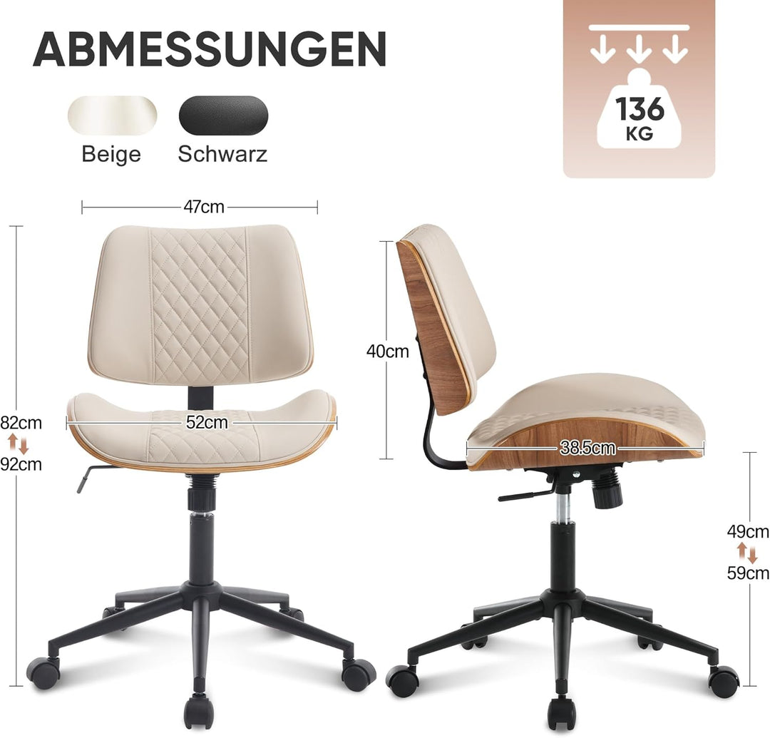Bürostuhl ohne Armlehne Schreibtischstuhl Leder Holz Modern Homeoffice Chair Wippfunktion bis 136 kg