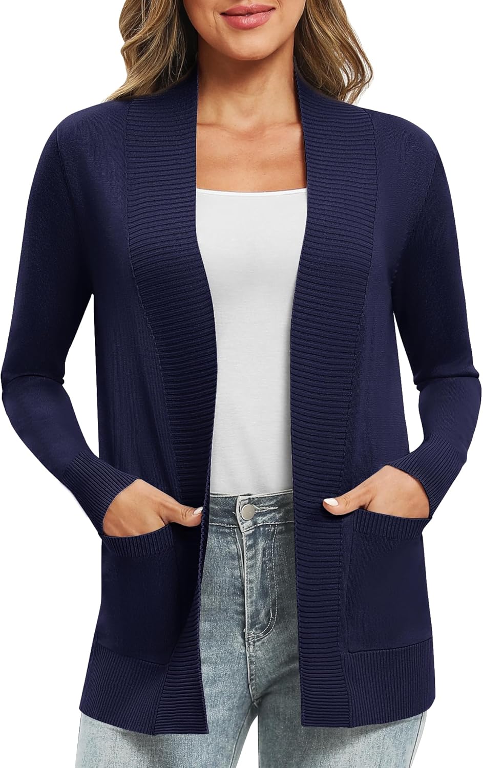 EXCHIC Damen Lange Ärmel Gestrickt Strickjacke Leicht Gemütlich Offene Vorderseite Lange Freizeitjac