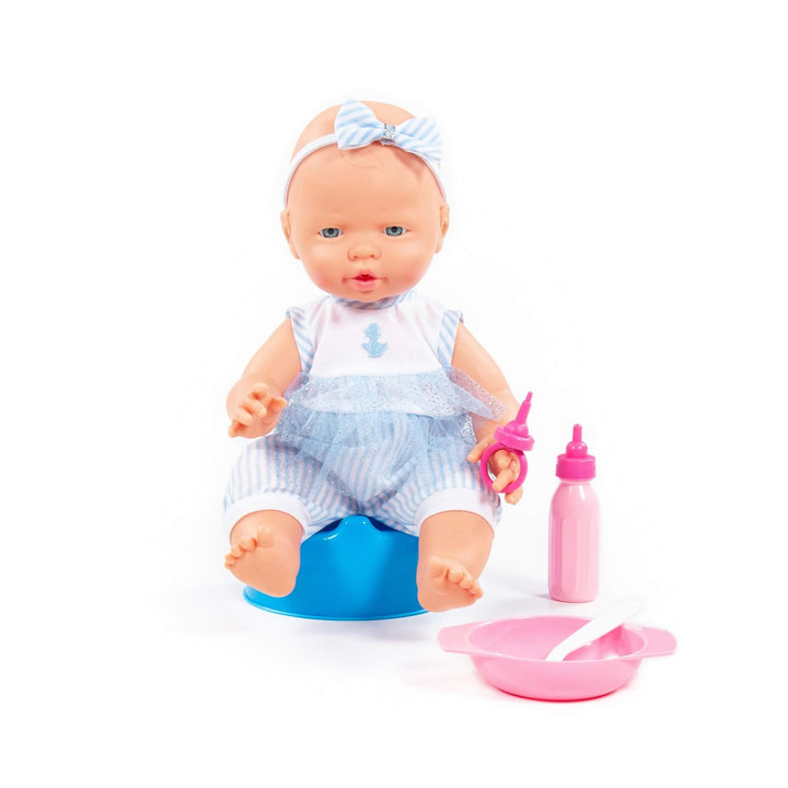 Baby Puppe 35 cm m. Schnuller Töpfchen u. Fütter-Set 3-TLG. Kinder Spielzeug +3J