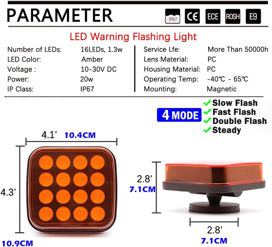 AOJO 2Pack Orange LED Warnleuchte Set - 3 Blitzmuster, 12V 24Volt Warnblitzer Akku mit E-Prüfzeichen