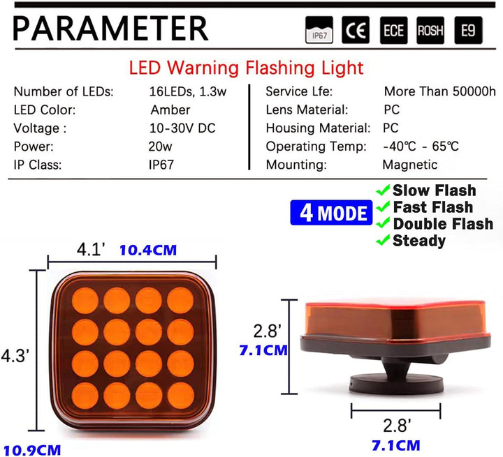 AOJO 2Pack Orange LED Warnleuchte Set - 3 Blitzmuster, 12V 24Volt Warnblitzer Akku mit E-Prüfzeichen