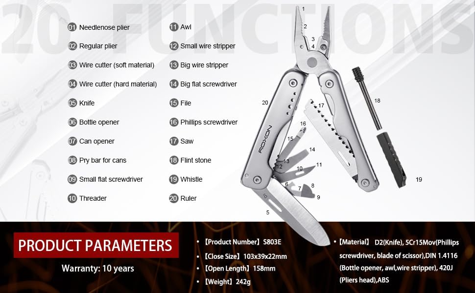 ROXON S803E Elite - Update D2 Messer Multitool Zange mit 20 Funktionen Survival EDC Tool mit Flint R