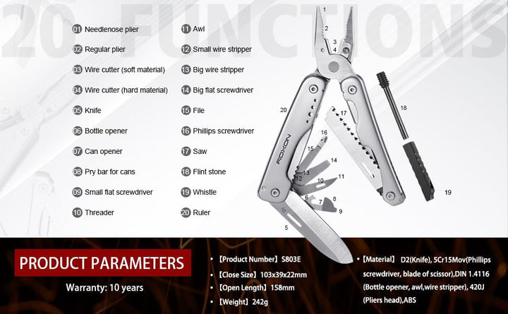 ROXON S803E Elite - Update D2 Messer Multitool Zange mit 20 Funktionen Survival EDC Tool mit Flint R
