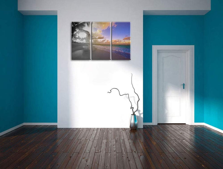 erholsamer Spaziergang am Strand schwarz/weiss 3-Teiler Leinwandbild 120x80 Bild auf Leinwand, XXL r