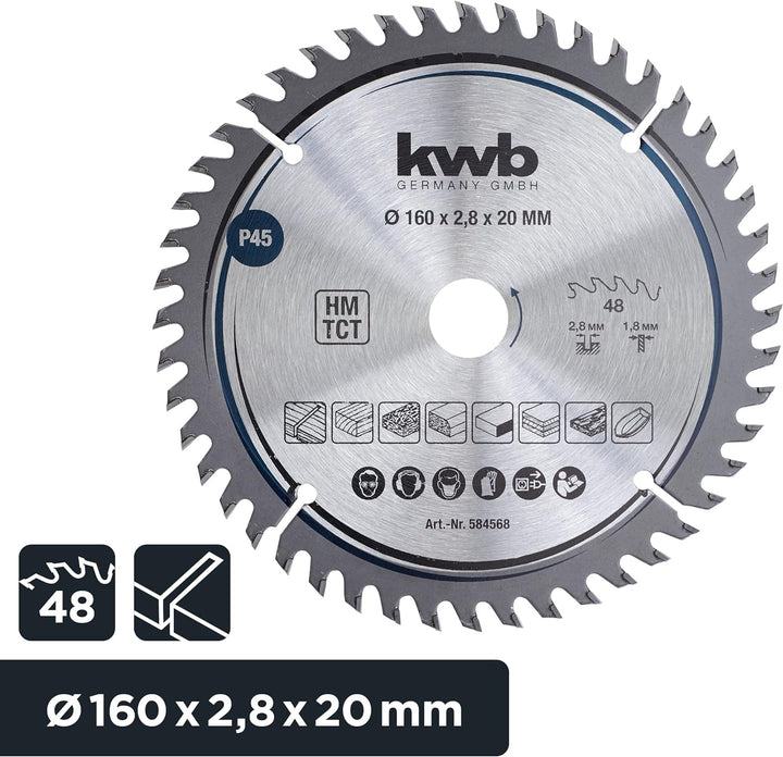kwb Kreissägeblatt 160 x 20 mm, sehr feiner Schnitt, Sägeblatt geeignet für Arbeitsplatten, Holz und