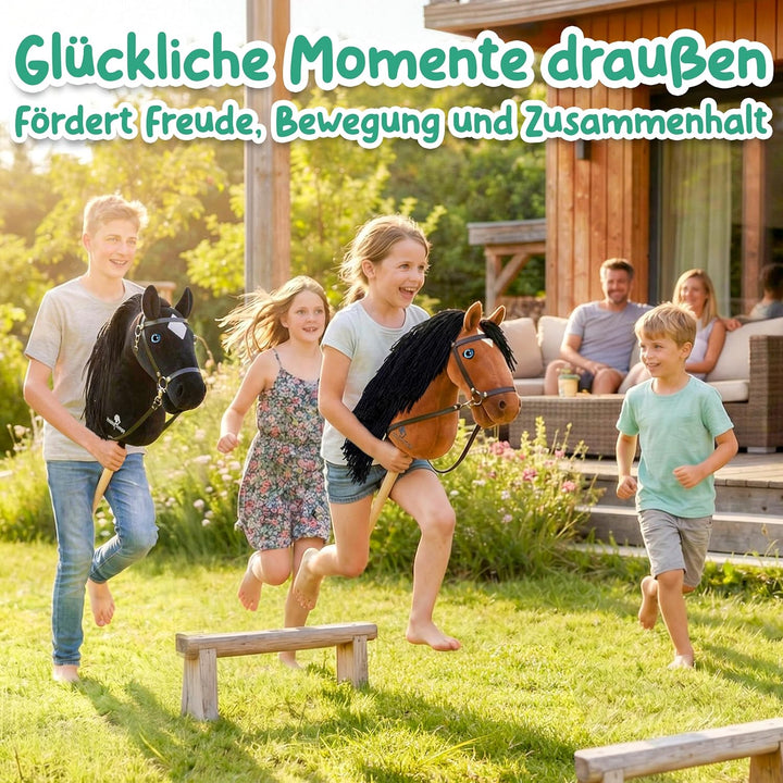 HobbyJumpy Neu Premium Hobby Horse,Steckenpferd,Stockpferd mit realistischen Augen & Stall‑Karton –