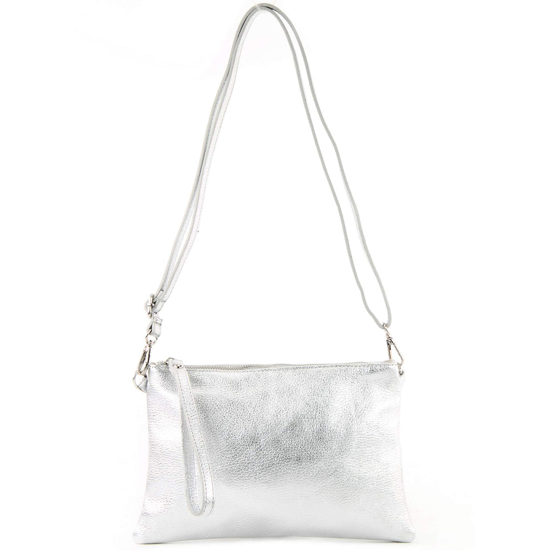 modamoda de T186 Damen Leder Clutch Umhängetasche, handmade in Italy Silber, Silber