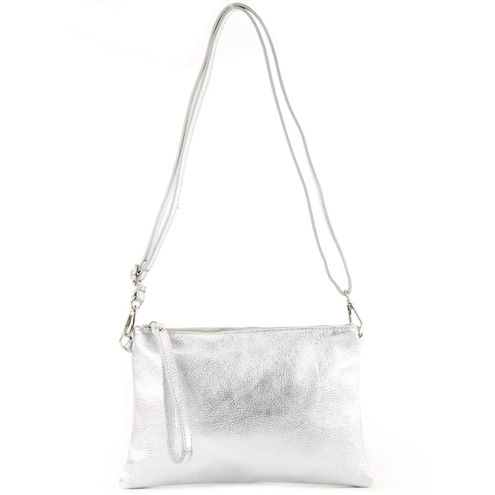 modamoda de T186 Damen Leder Clutch Umhängetasche, handmade in Italy Silber, Silber