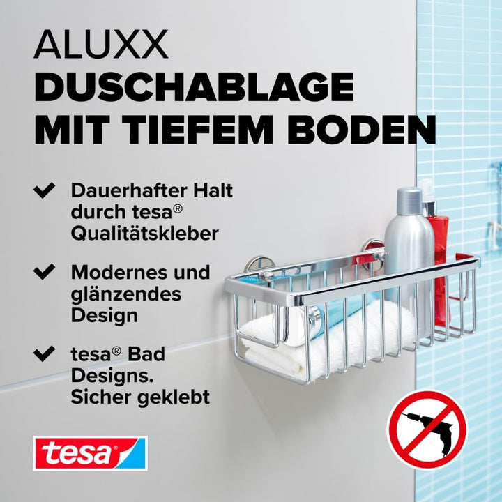 tesa ALUXX Duschablage, Aluminium, verchromt, garantiert rostfrei, inkl. Klebelösung, tiefer Boden,