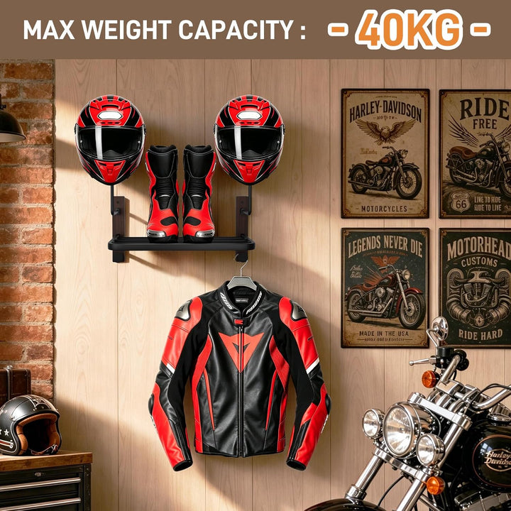 Motorradhelm Halterung, Helmhalter Wandmontage mit Ablage und 2 Helmständer für Motorrad Fahrrad Ren